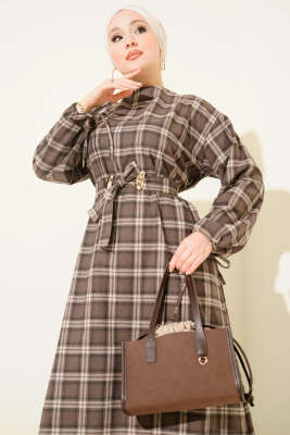 Ekose Desenli Kemerli Elbise Kahve - DUFON