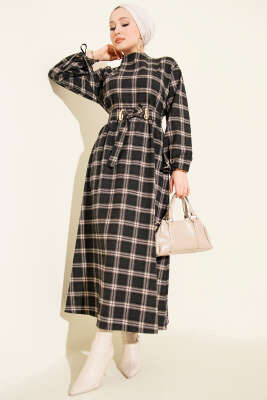 Ekose Desenli Kemerli Elbise Siyah - DUFON