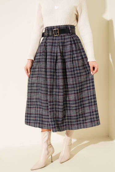 Ekose Desenli Kemerli Etek Lacivert - Etek