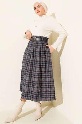 Ekose Desenli Kemerli Etek Lacivert - Etek