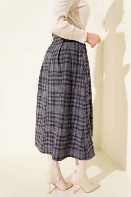 Ekose Desenli Kemerli Etek Lacivert - Etek