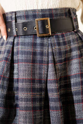 Ekose Desenli Kemerli Etek Lacivert - Etek