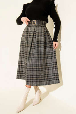 Ekose Desenli Kemerli Etek Siyah - ESTELLE