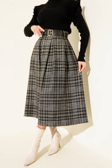 Ekose Desenli Kemerli Etek Siyah - Etek