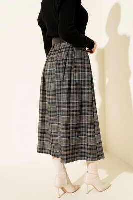 Ekose Desenli Kemerli Etek Siyah - Etek