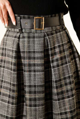 Ekose Desenli Kemerli Etek Siyah - Etek