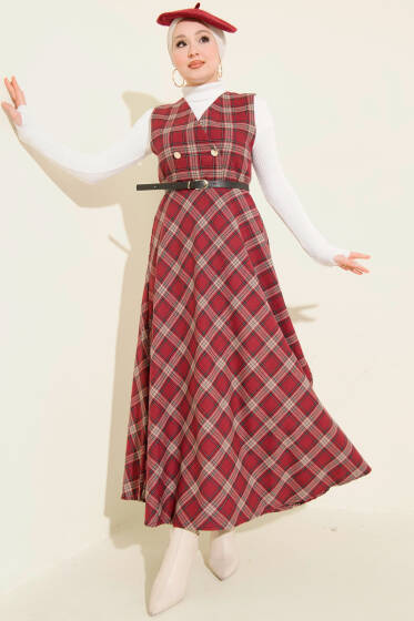 Ekose Desenli Kemerli Jile Elbise Bordo - Elbise