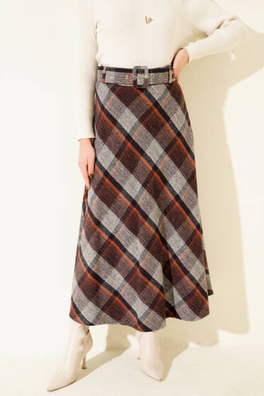 Ekose Desenli Kemerli Kaşe Etek Gri - Etek