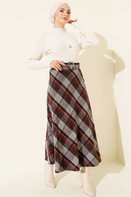 Ekose Desenli Kemerli Kaşe Etek Gri - Etek