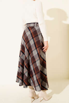 Ekose Desenli Kemerli Kaşe Etek Gri - Etek