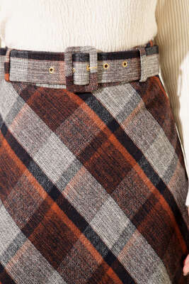 Ekose Desenli Kemerli Kaşe Etek Gri - Etek