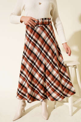 Ekose Desenli Kemerli Kaşe Etek Taba - ESTELLE