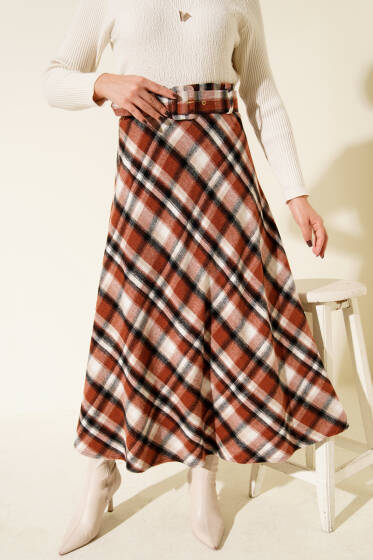 Ekose Desenli Kemerli Kaşe Etek Taba - Etek