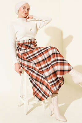 Ekose Desenli Kemerli Kaşe Etek Taba - Etek