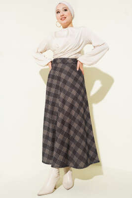 Ekose Desenli Kloş Dabıl Etek Acı Kahve - Etek