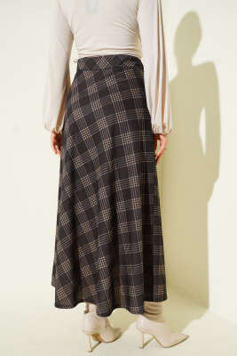 Ekose Desenli Kloş Dabıl Etek Acı Kahve - Etek