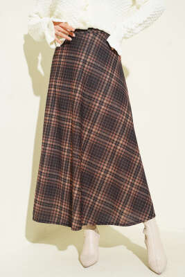 Ekose Desenli Kloş Dabıl Etek Camel - ASME