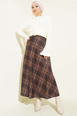 Ekose Desenli Kloş Dabıl Etek Camel - Etek