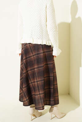 Ekose Desenli Kloş Dabıl Etek Camel - Etek