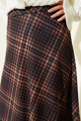 Ekose Desenli Kloş Dabıl Etek Camel - Etek