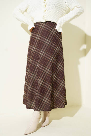 Ekose Desenli Kloş Dabıl Etek Kahve - Etek