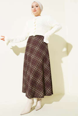 Ekose Desenli Kloş Dabıl Etek Kahve - Etek