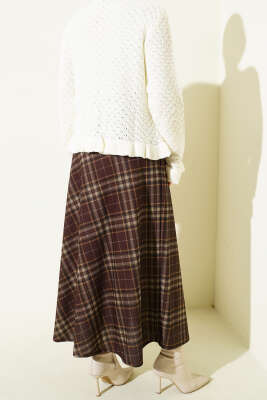 Ekose Desenli Kloş Dabıl Etek Kahve - Etek