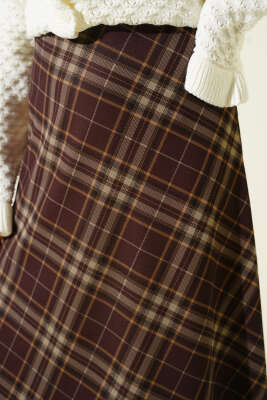 Ekose Desenli Kloş Dabıl Etek Kahve - Etek