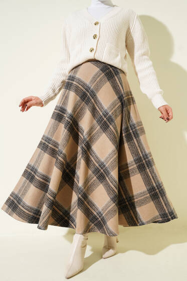 Ekose Desenli Kloş Kaşe Etek Camel - Etek