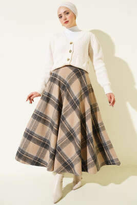 Ekose Desenli Kloş Kaşe Etek Camel - Etek