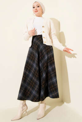 Ekose Desenli Kloş Kaşe Etek Gece Mavisi - Etek