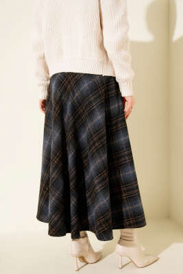 Ekose Desenli Kloş Kaşe Etek Gece Mavisi - Etek