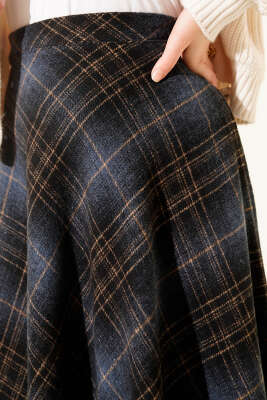 Ekose Desenli Kloş Kaşe Etek Gece Mavisi - Etek