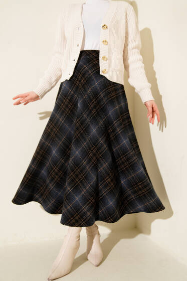 Ekose Desenli Kloş Kaşe Etek Gece Mavisi - Günün Seçilenleri