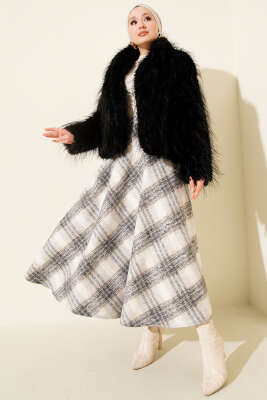 Ekose Desenli Kloş Kaşe Etek Gri - Etek