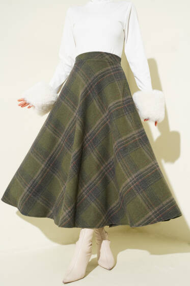 Ekose Desenli Kloş Kaşe Etek Haki - Etek