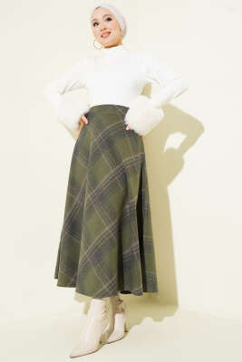 Ekose Desenli Kloş Kaşe Etek Haki - Etek