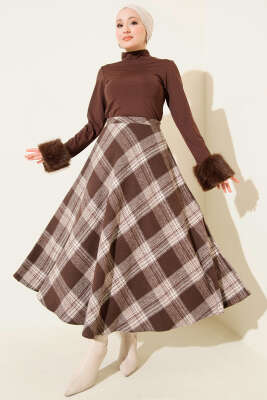 Ekose Desenli Kloş Kaşe Etek Kahve - Etek