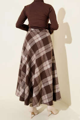 Ekose Desenli Kloş Kaşe Etek Kahve - Etek