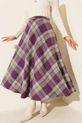 Ekose Desenli Kloş Kaşe Etek Lila 