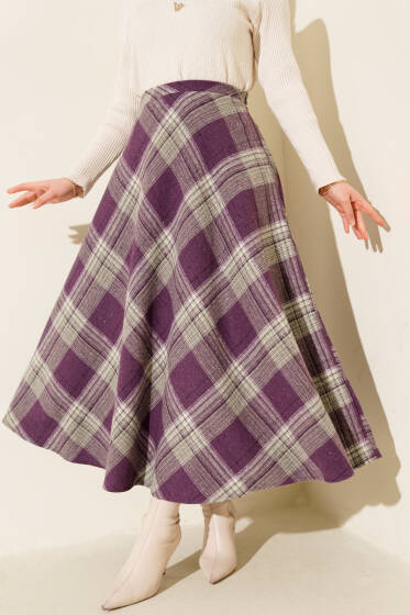 Ekose Desenli Kloş Kaşe Etek Lila - Etek