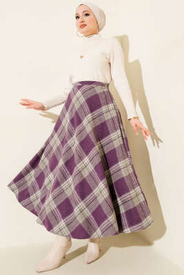 Ekose Desenli Kloş Kaşe Etek Lila - Etek