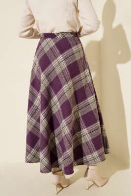 Ekose Desenli Kloş Kaşe Etek Lila - Etek