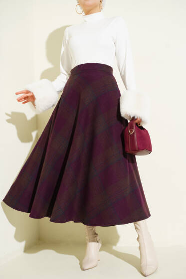 Ekose Desenli Kloş Kaşe Etek Mürdüm - Etek