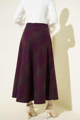 Ekose Desenli Kloş Kaşe Etek Mürdüm - Etek