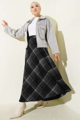 Ekose Desenli Kloş Kaşe Etek Siyah - Etek