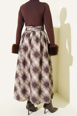 Ekose Desenli Kuşaklı Etek Bej - Etek