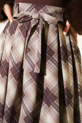 Ekose Desenli Kuşaklı Etek Bej - Etek