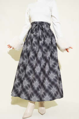 Ekose Desenli Kuşaklı Etek Füme - MUSTİ