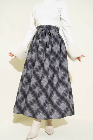 Ekose Desenli Kuşaklı Etek Füme - Etek